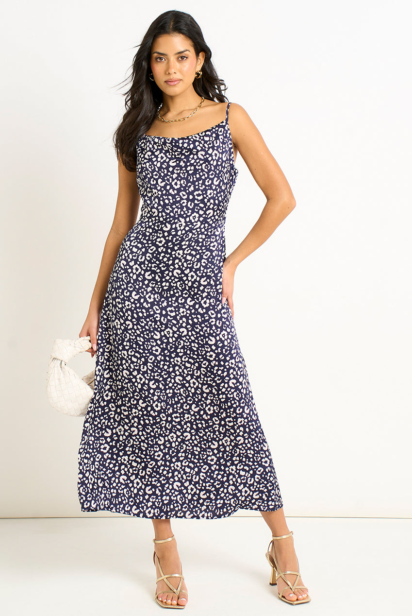 Navy Animal Print Cowl Midi Dress GL1823