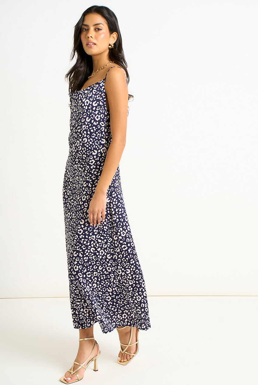Navy Animal Print Cowl Midi Dress GL1823