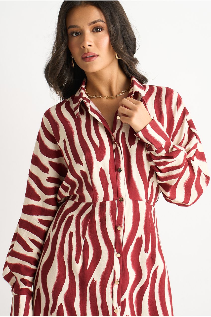 Burgundy Zebra Print Batwing Sleeve Shirt Dress GL2001