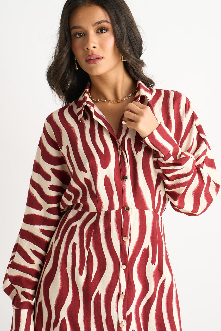 Burgundy Zebra Print Batwing Sleeve Shirt Dress GL2001