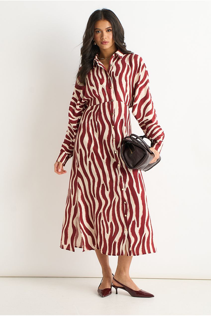 Burgundy Zebra Print Batwing Sleeve Shirt Dress GL2001
