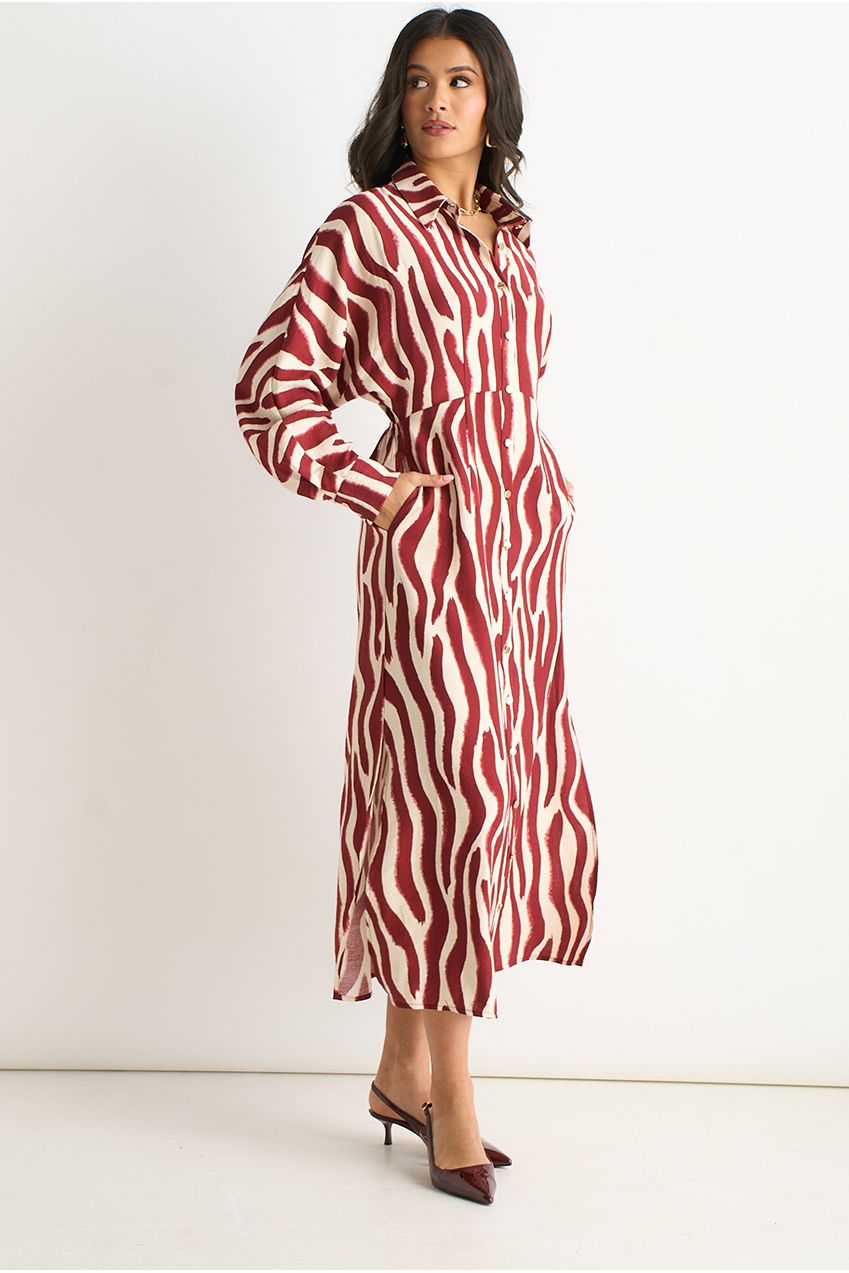 Burgundy Zebra Print Batwing Sleeve Shirt Dress GL2001