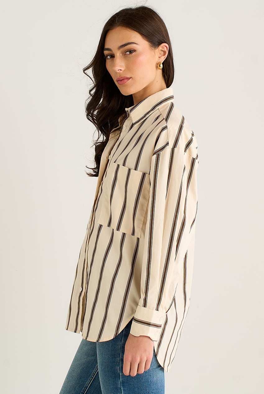 Cream Oversized Neutral Stripe Button-Down Shirt GL2000
