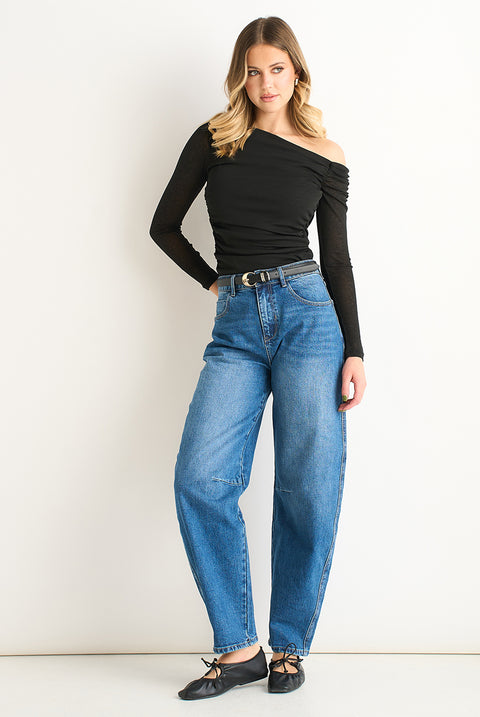 Black Jersey Slash Neck Long Sleeve Top by Gini London