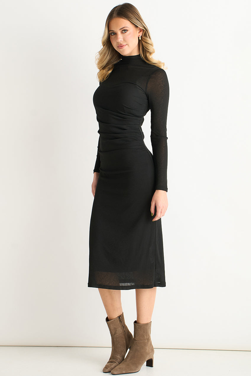 Black Ruched Jersey Long Sleeve Midi Dress GL2006