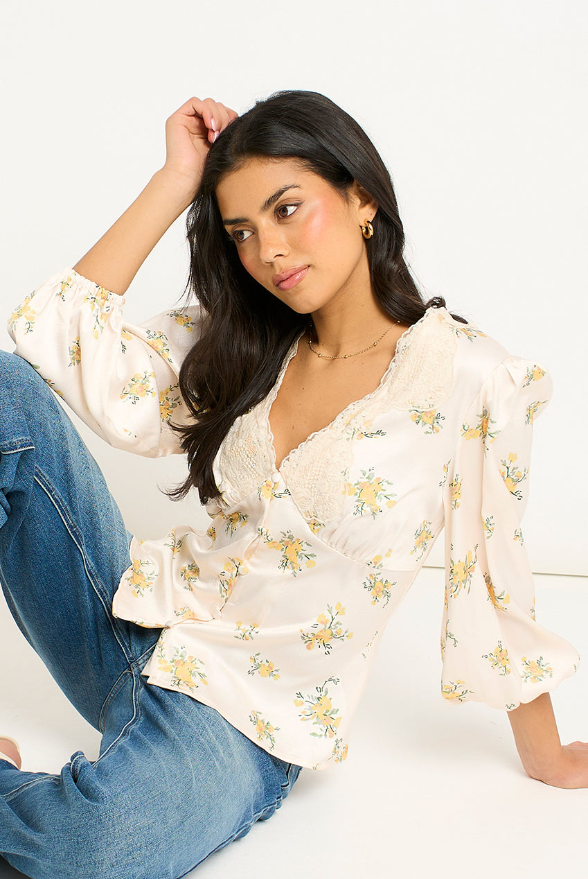 Cream Lace Trim Satin Button Through Blouse GL2007