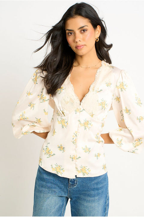 Cream Lace Trim Satin Button Through Blouse by Gini London