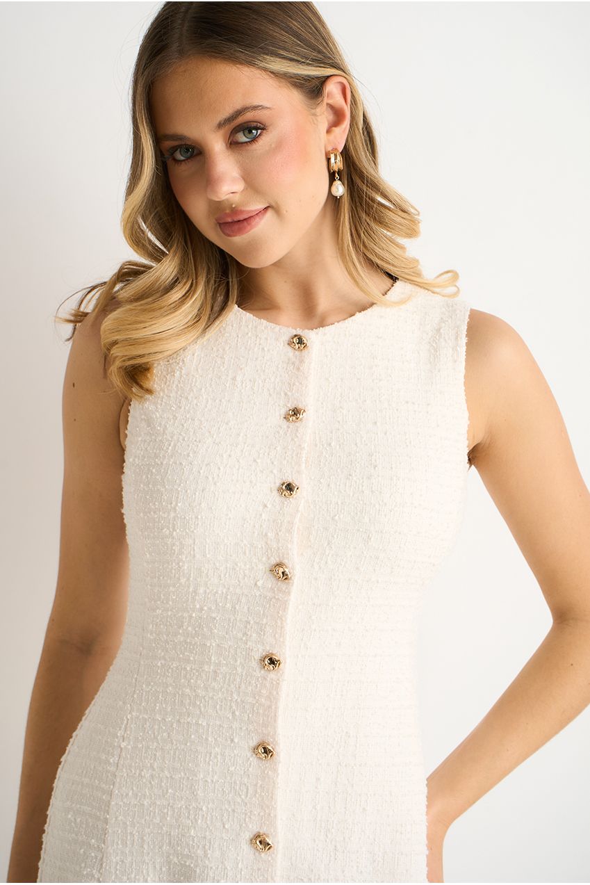 Cream Boucle Button Through Mini Dress GL2008