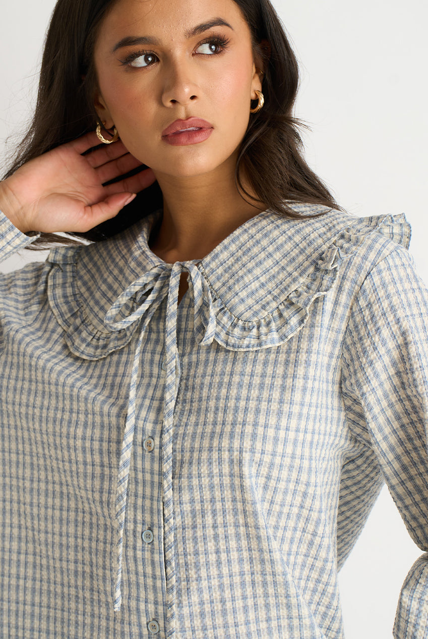 Blue Gingham Textured Check Peter Pan Collared Shirt GL2010
