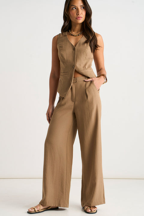 Camel Tailored Wide Leg Trousers by Gini London
