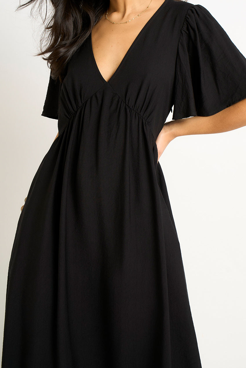 Black V Neck Angel Sleeves Skater Maxi Dress GL2018