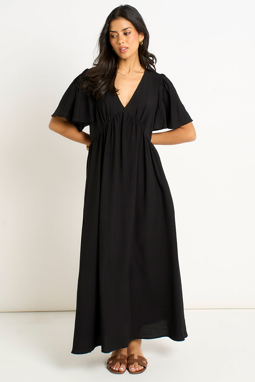 Black V Neck Angel Sleeves Skater Maxi Dress GL2018