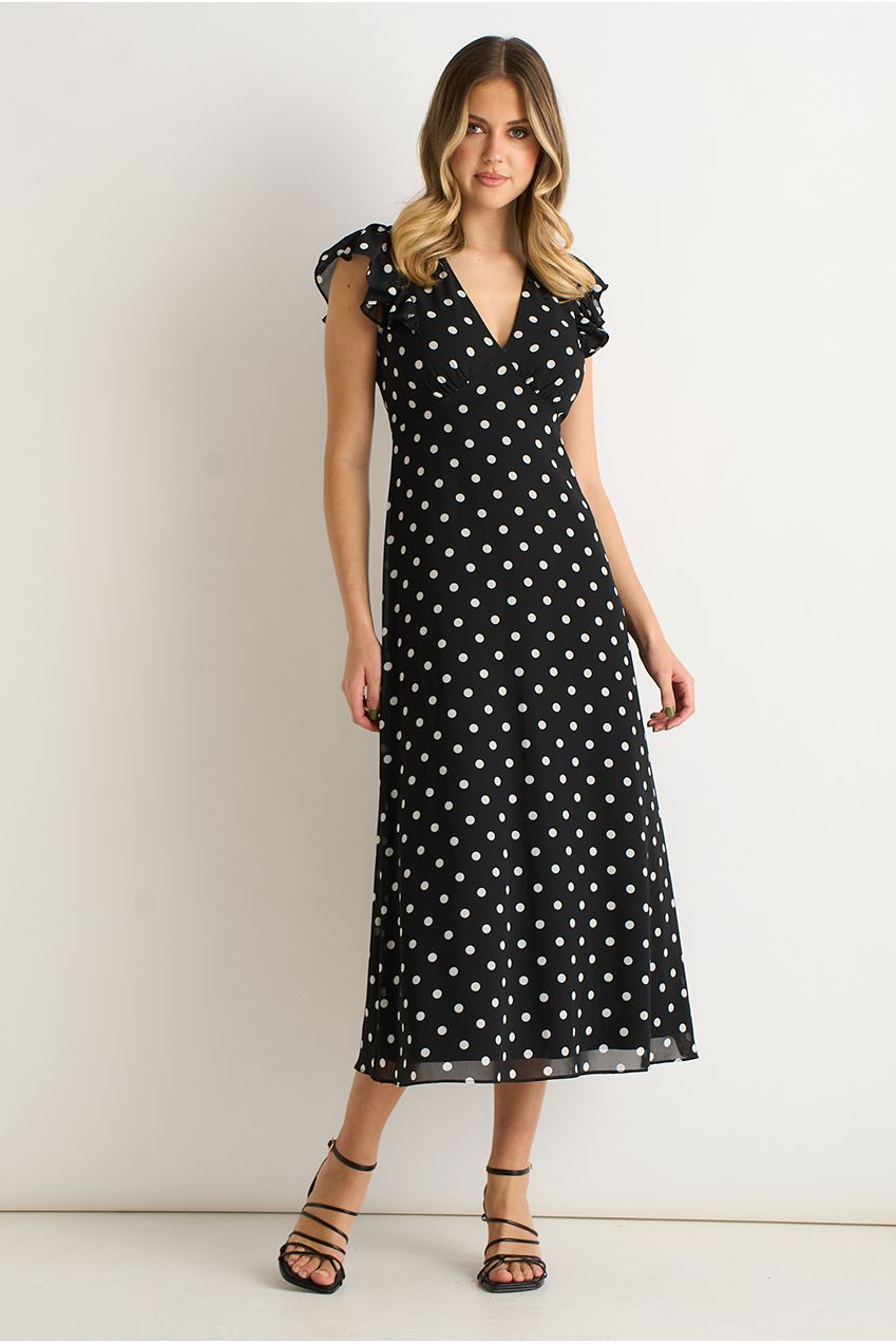 Black V Neck Angel Sleeves Skater Midi Dress GL2021