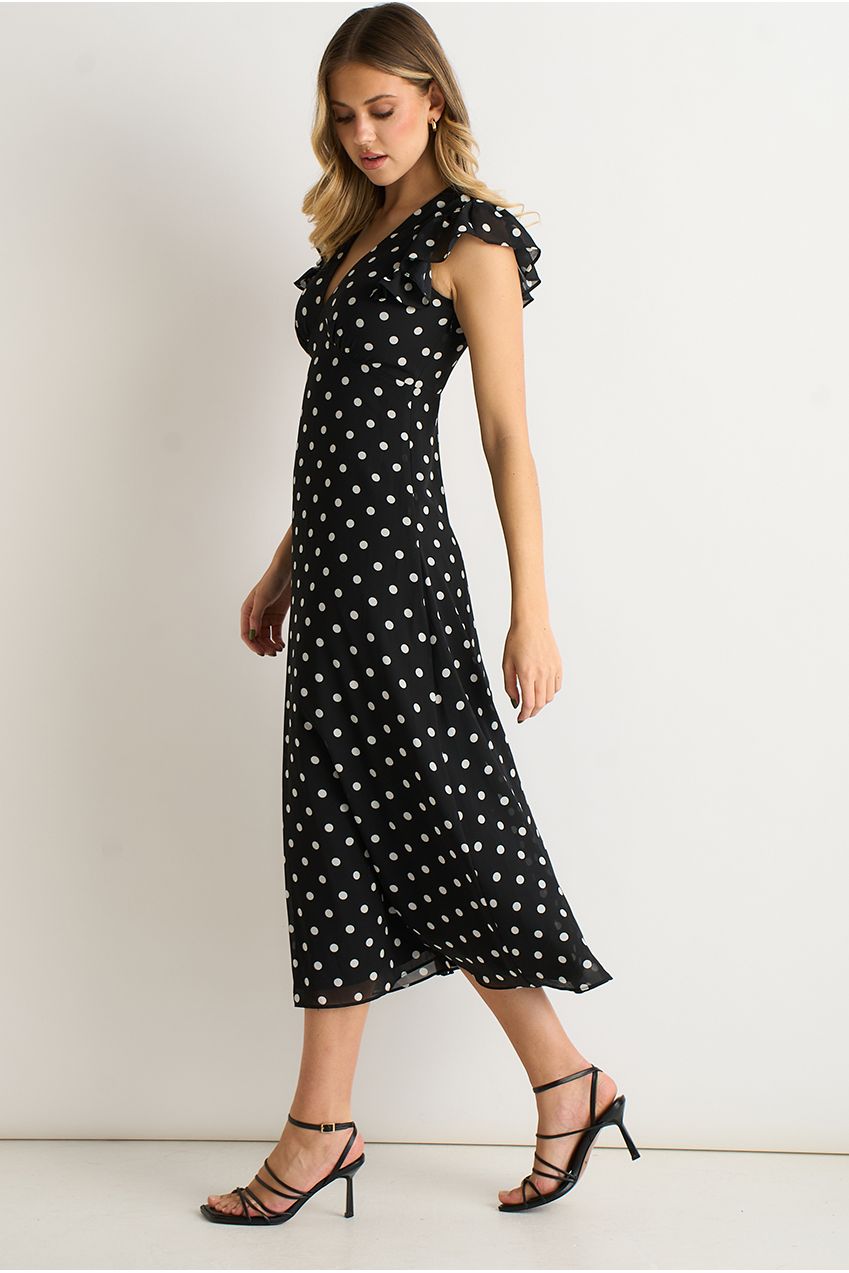 Black V Neck Angel Sleeves Skater Midi Dress GL2021