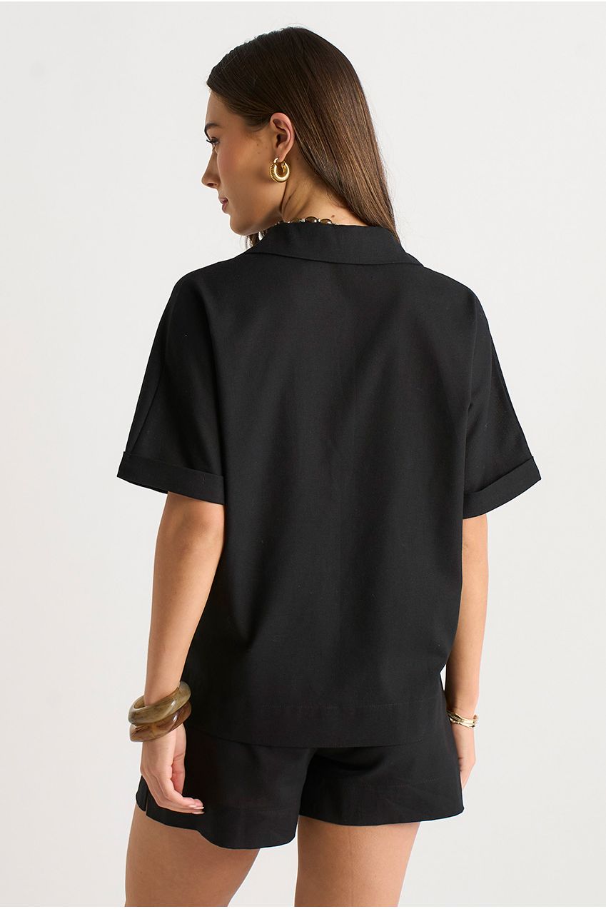Black Linen Mix Oversized Button Through Shirt GL2027A