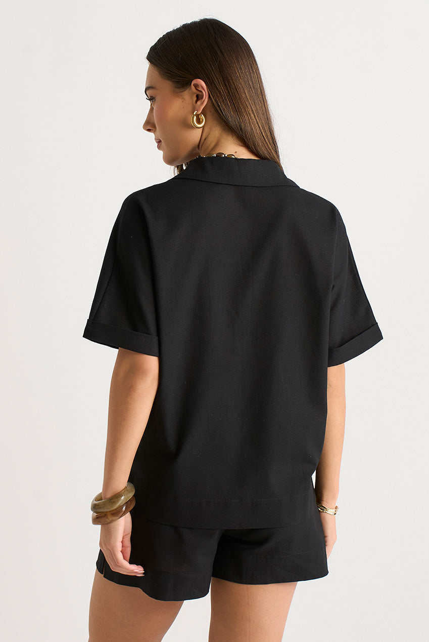 Black Linen Mix Elasticated Waist Shorts GL2027B
