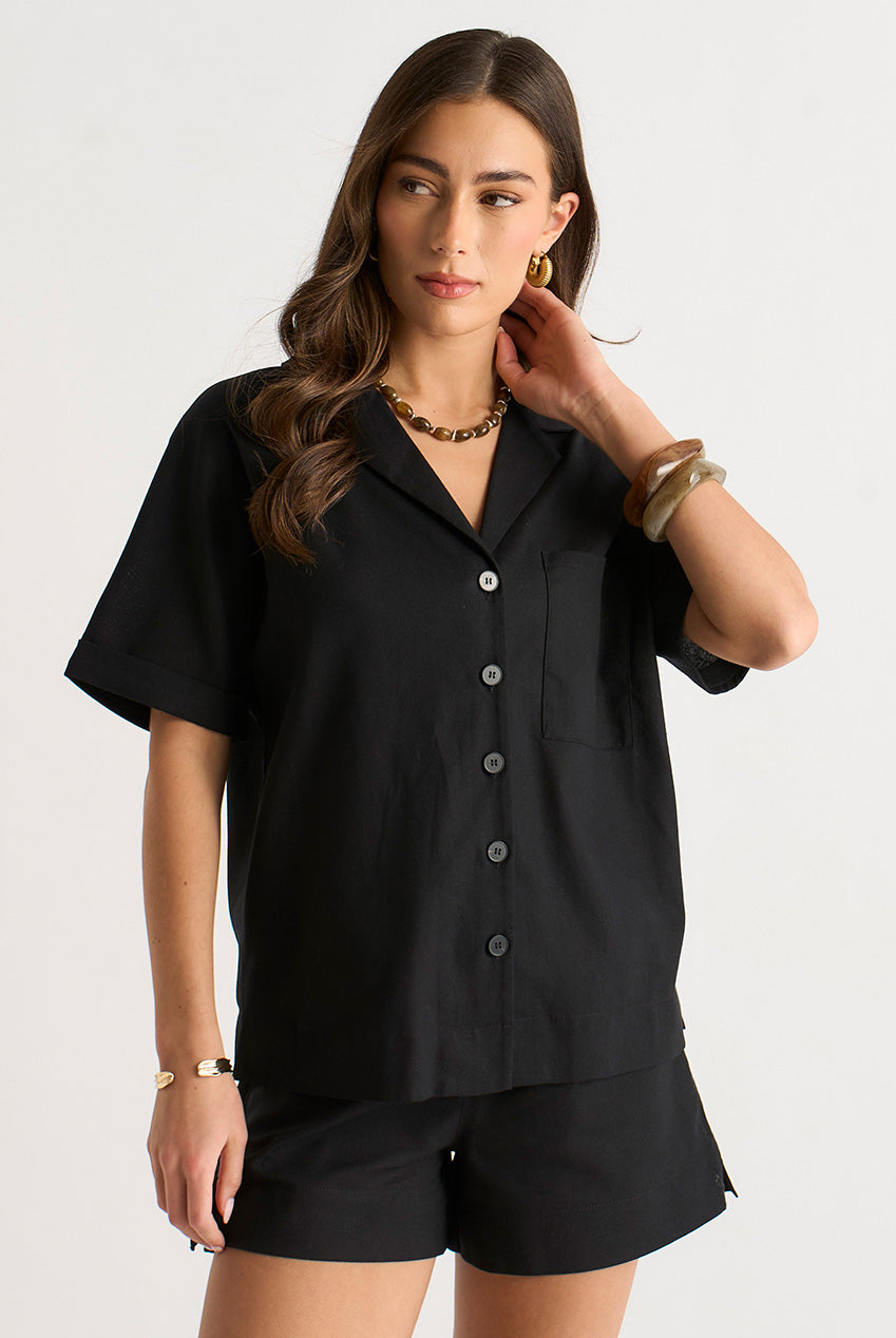 Black Linen Mix Oversized Button Through Shirt GL2027A