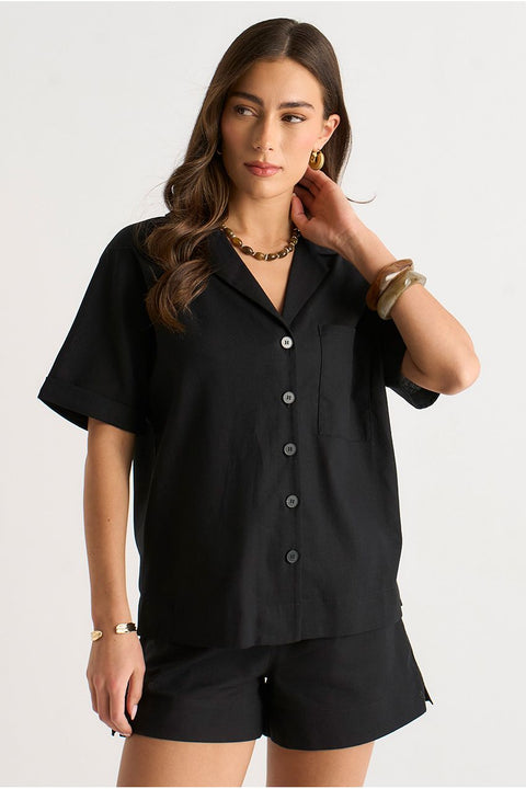 Black Linen Mix Oversized Button Through Shirt by Gini London