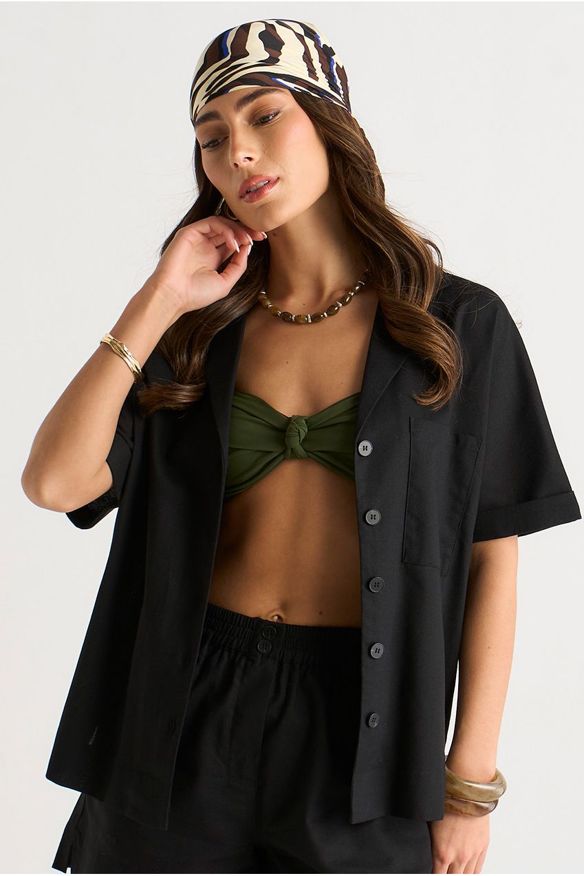 Black Linen Mix Oversized Button Through Shirt GL2027A