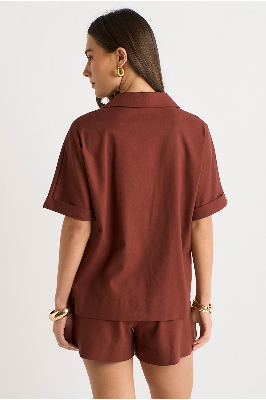 Chocolate Linen Mix Oversized Button Through Shirt GL2027A