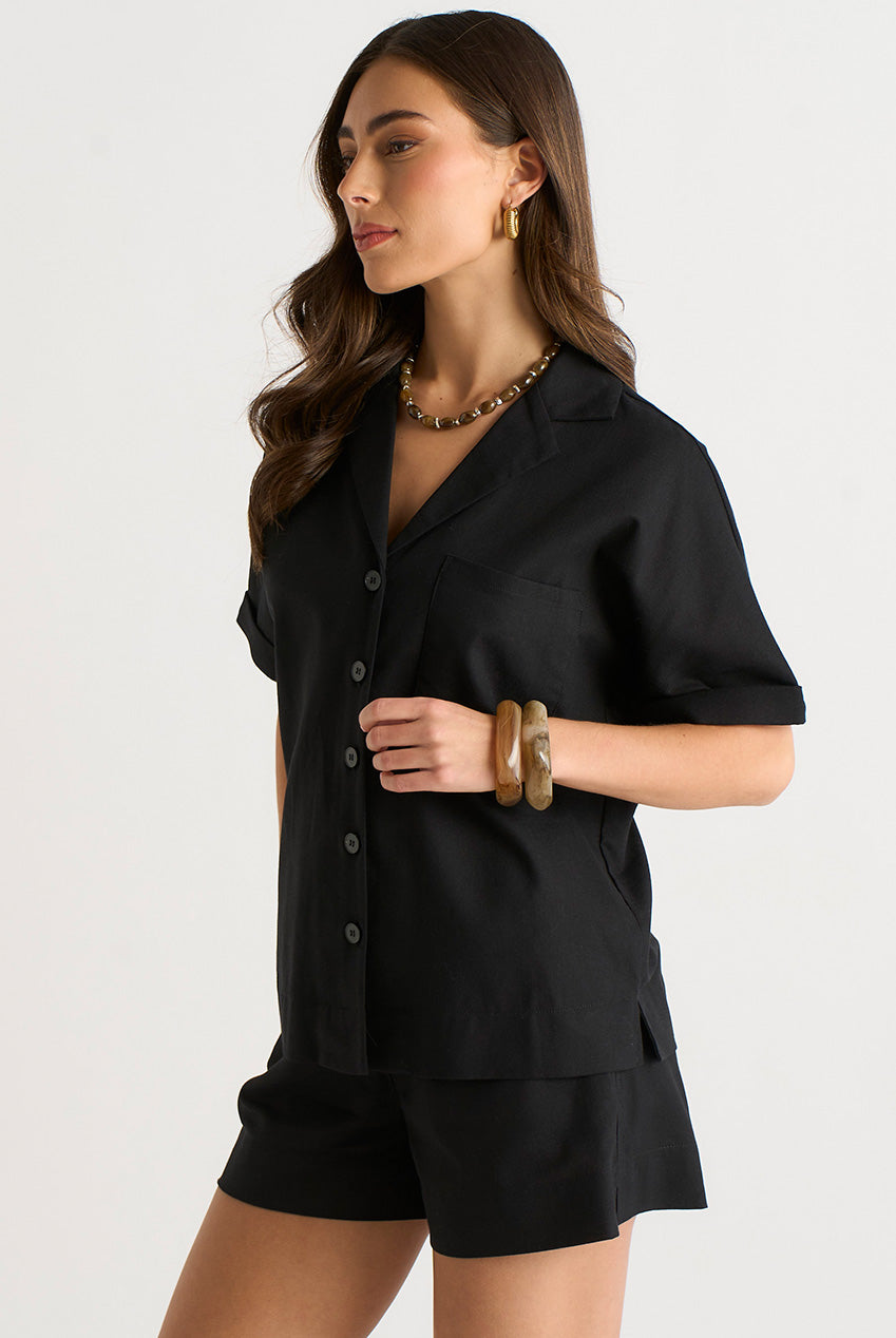Black Linen Mix Oversized Button Through Shirt GL2027A