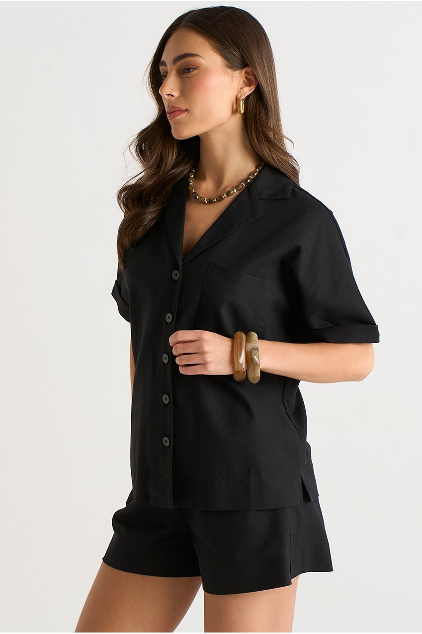 Black Linen Mix Oversized Button Through Shirt GL2027A