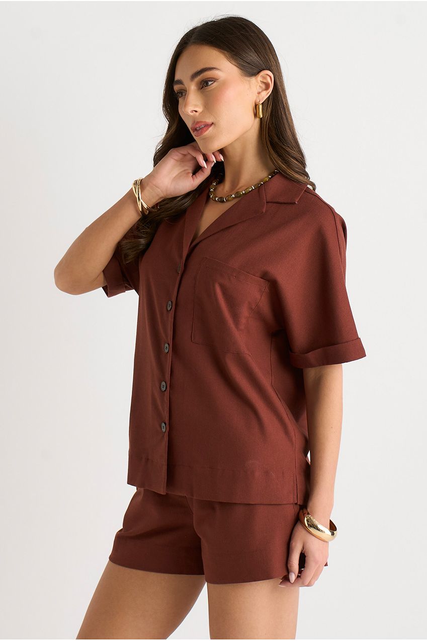 Chocolate Linen Mix Oversized Button Through Shirt GL2027A