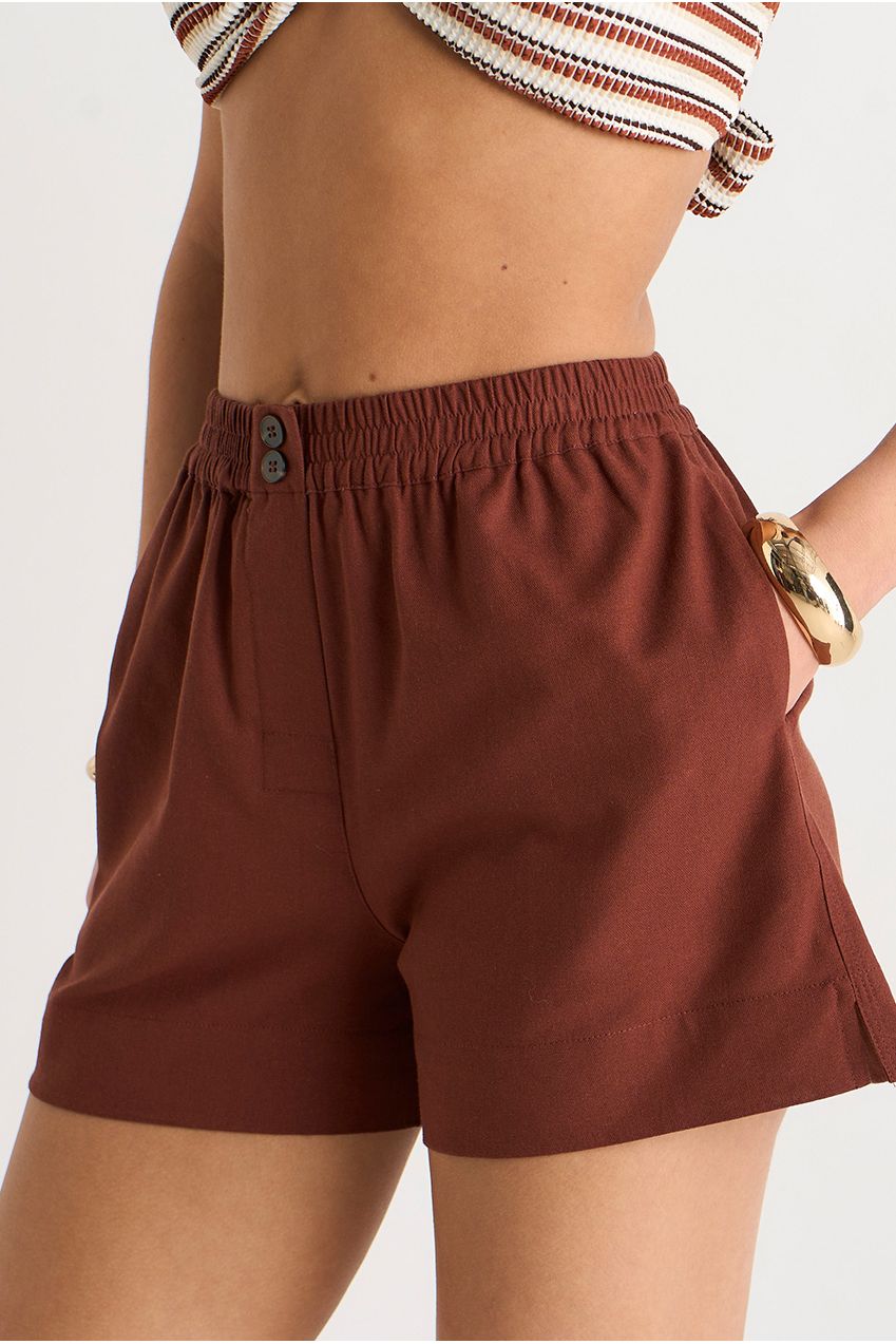 Chocolate Linen Mix Elasticated Waist Shorts GL2027B