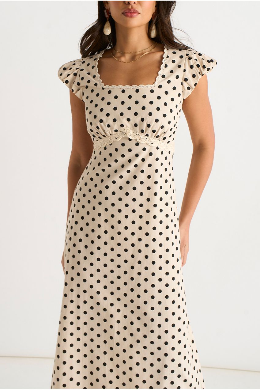 Cream Cotton Spot Print Lace Trim Midi Dress GL2029
