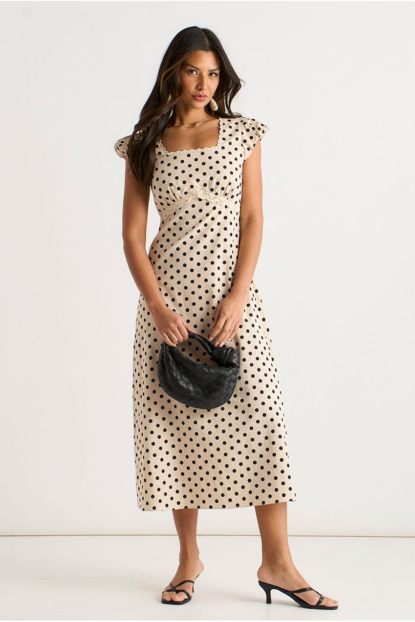 Cream Cotton Spot Print Lace Trim Midi Dress GL2029