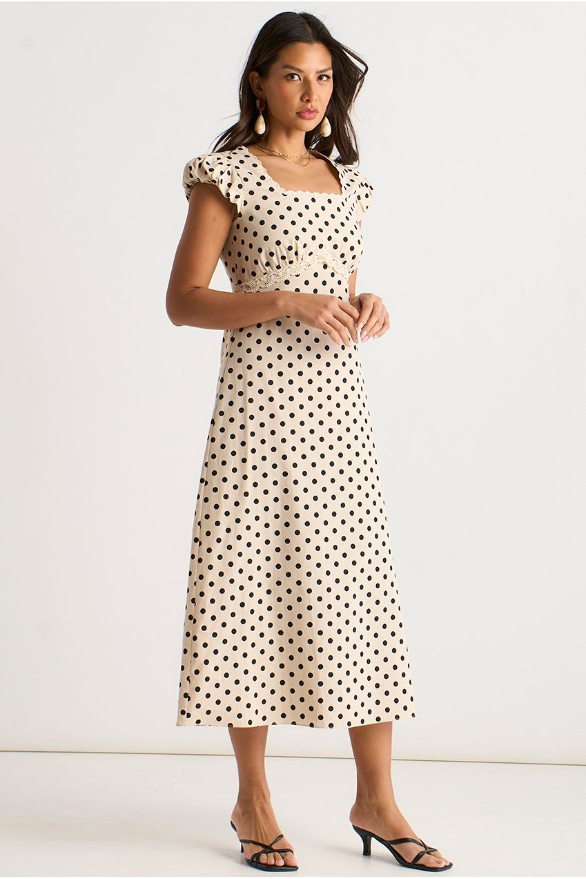 Cream Cotton Spot Print Lace Trim Midi Dress GL2029