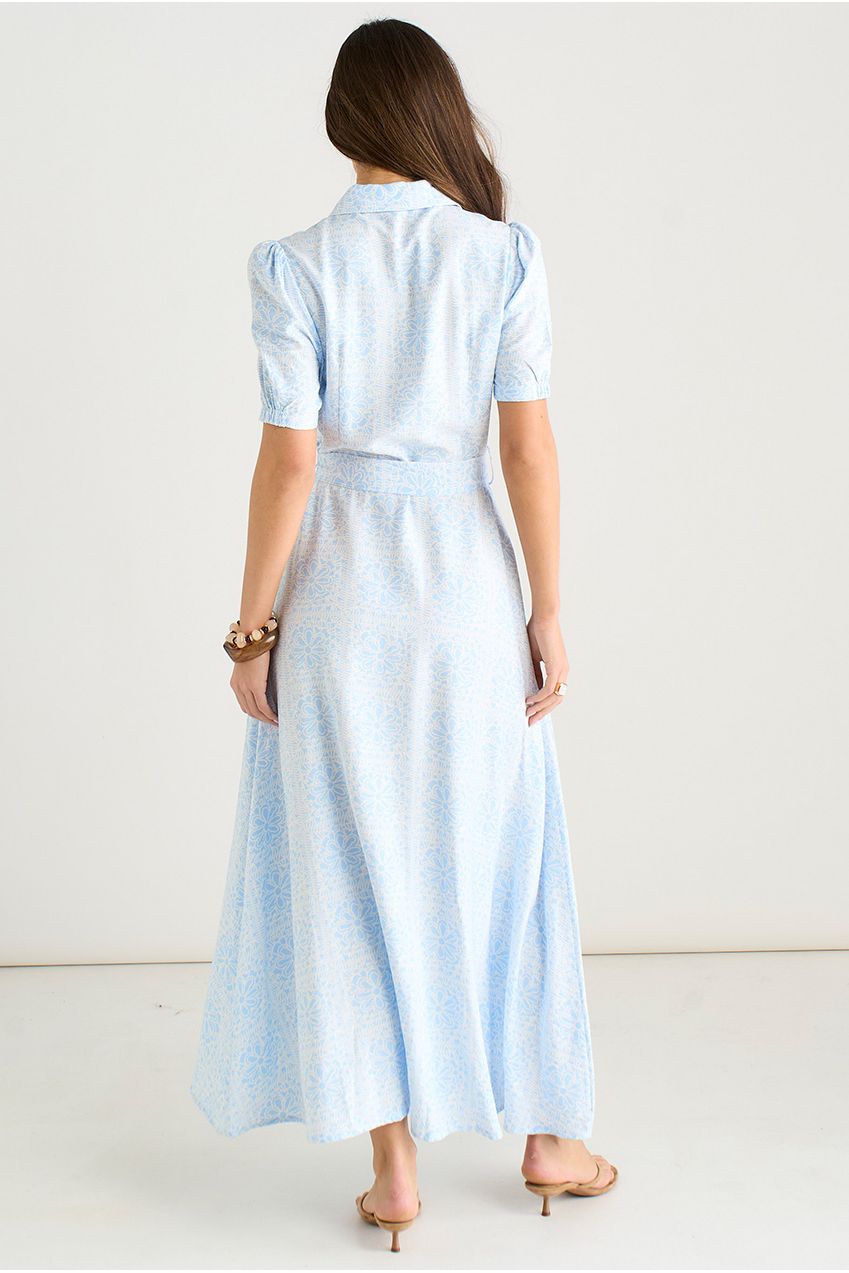Cotton Mix Blue Tile Print Button Through Maxi Shirt Dress GL2031