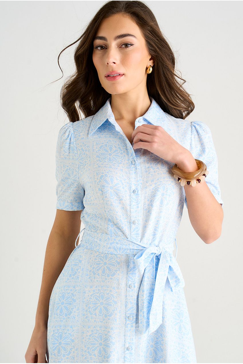 Cotton Mix Blue Tile Print Button Through Maxi Shirt Dress GL2031