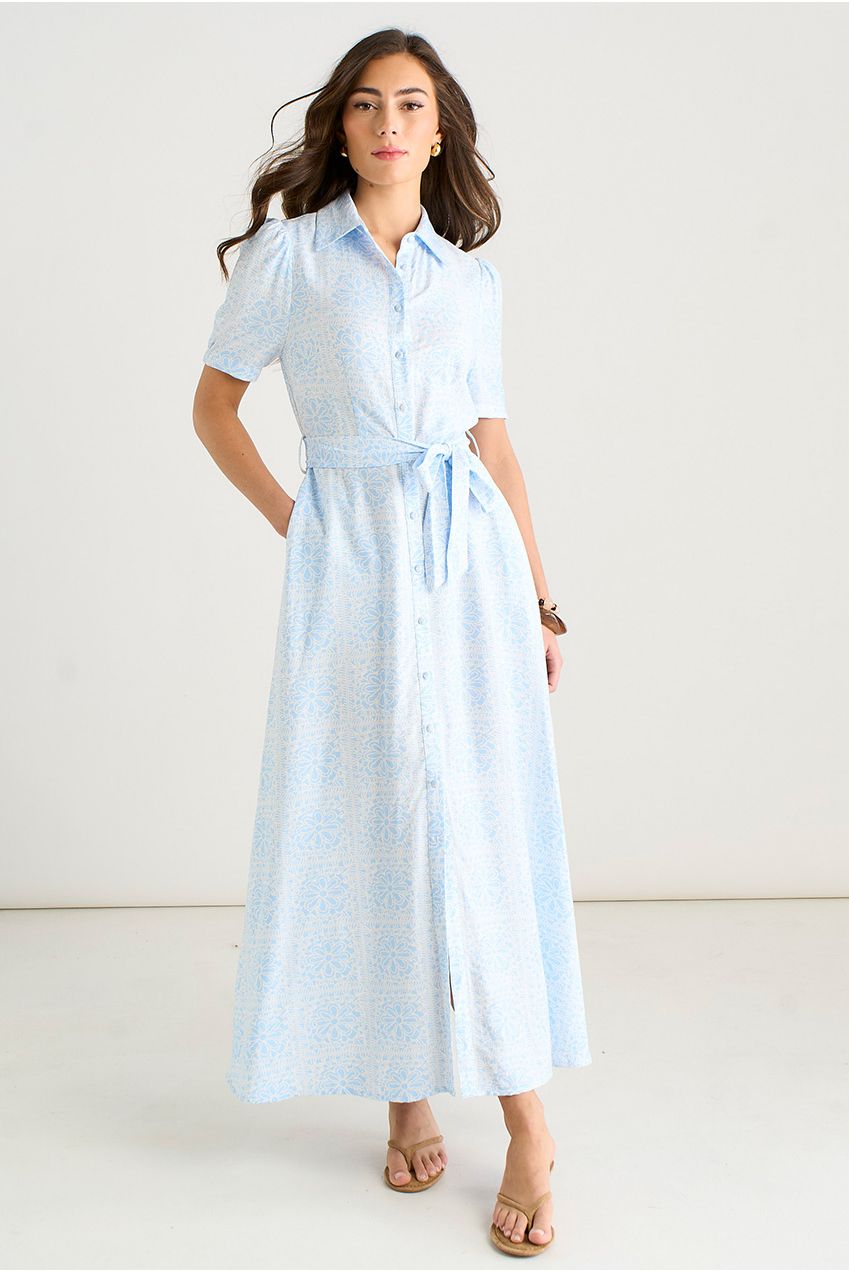 Cotton Mix Blue Tile Print Button Through Maxi Shirt Dress GL2031
