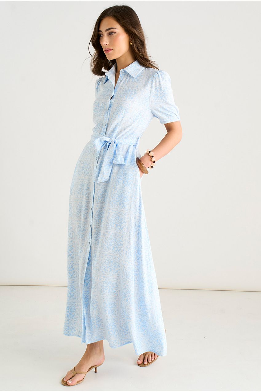 Cotton Mix Blue Tile Print Button Through Maxi Shirt Dress GL2031