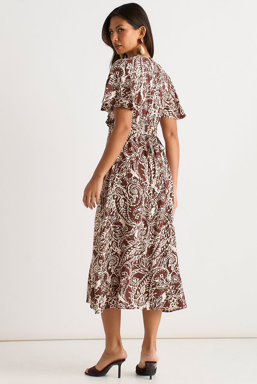Chocolate Paisley Print Ruffle Midi Dress GL2032
