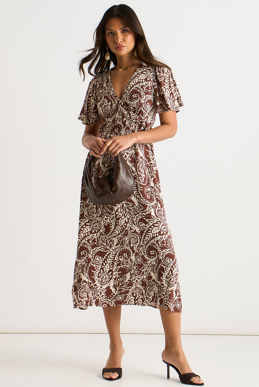 Chocolate Paisley Print Ruffle Midi Dress GL2032