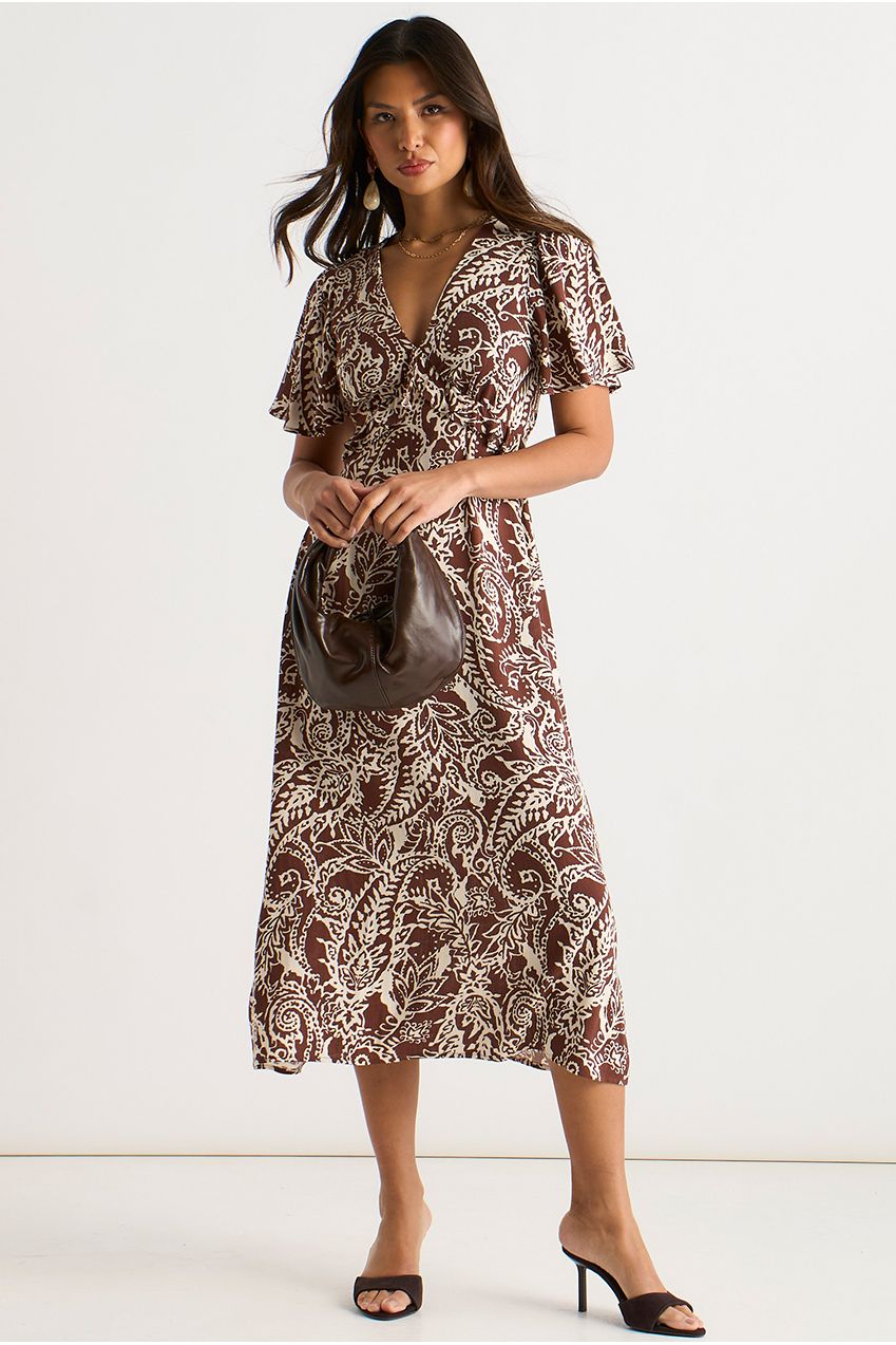 Chocolate Paisley Print Ruffle Midi Dress GL2032
