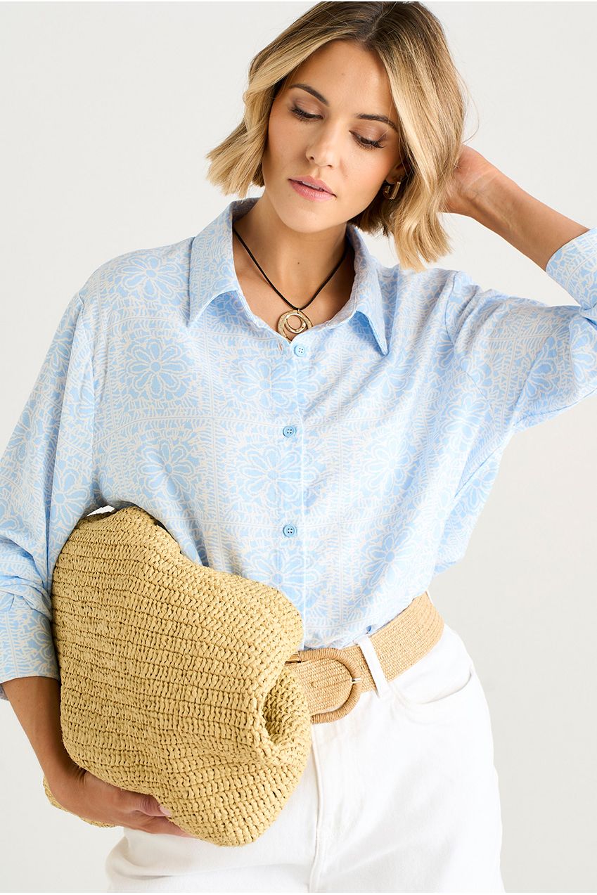 Cotton Mix Blue Tile Print Button-Through Shirt GL2033