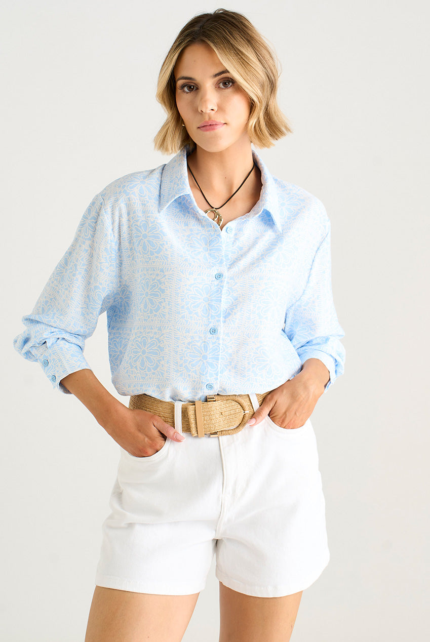 Cotton Mix Blue Tile Print Button-Through Shirt GL2033