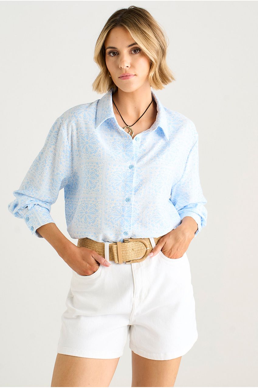 Cotton Mix Blue Tile Print Button-Through Shirt GL2033