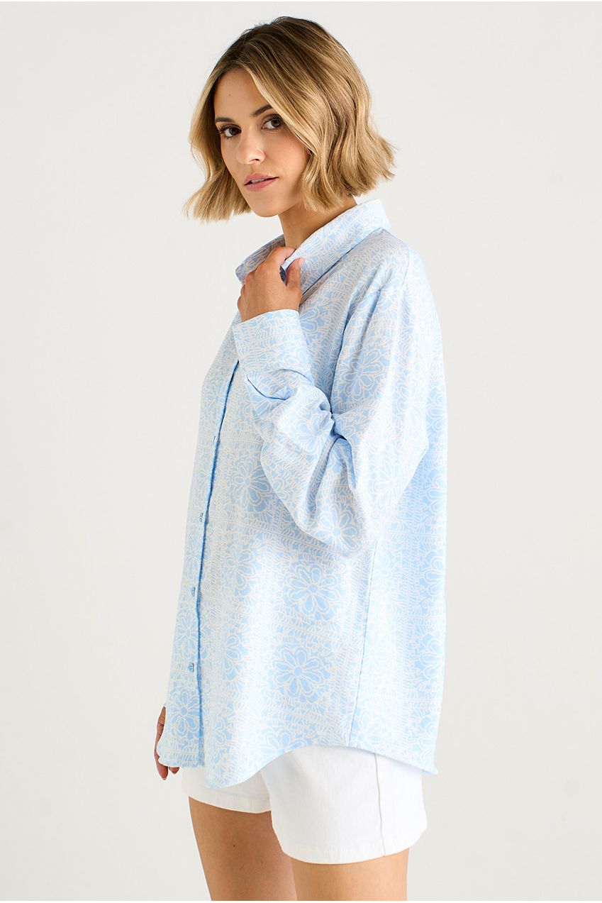 Cotton Mix Blue Tile Print Button-Through Shirt GL2033