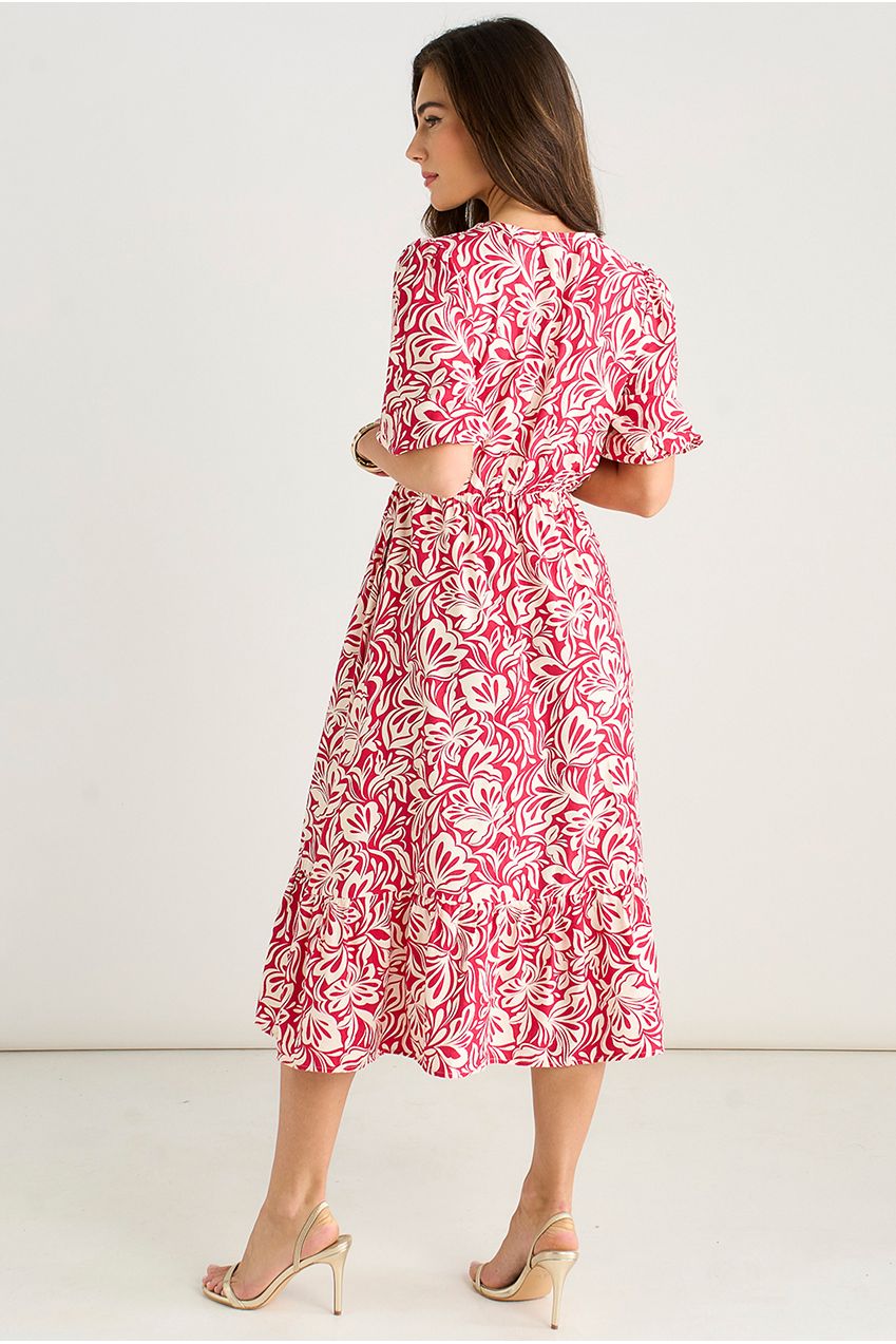 Red Paisley Print Elasticated Waist Midi Dress GL2037