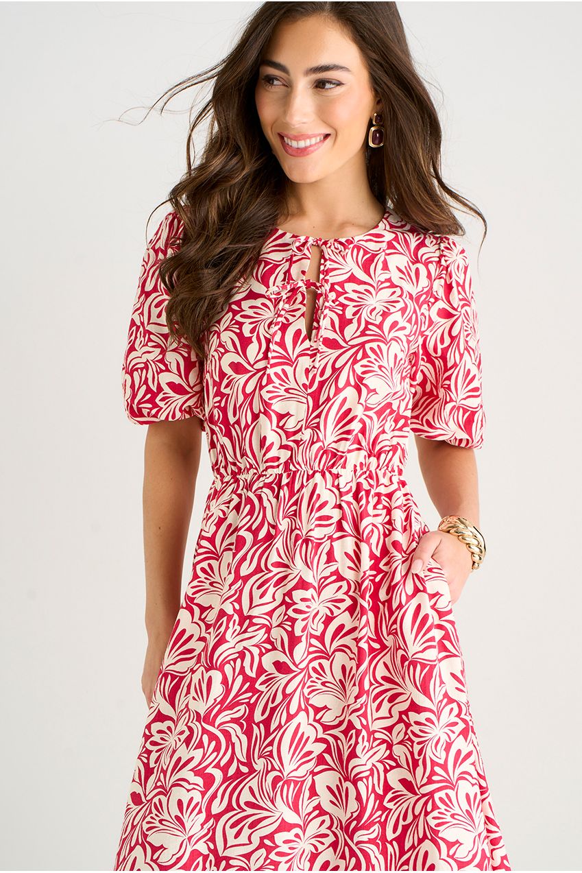 Red Paisley Print Elasticated Waist Midi Dress GL2037