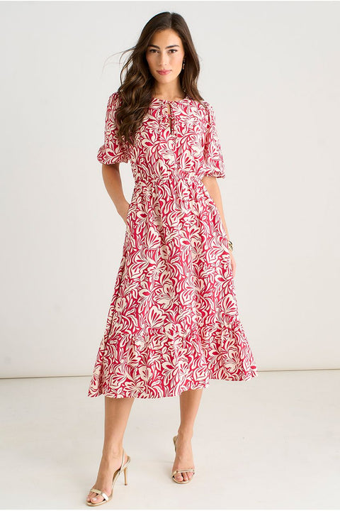 Red Paisley Print Elasticated Waist Midi Dress by Gini London