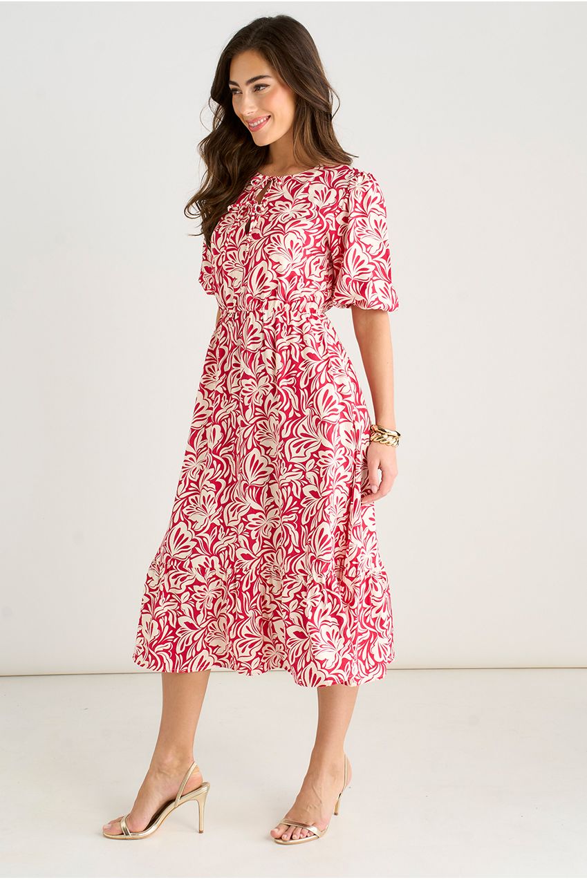 Red Paisley Print Elasticated Waist Midi Dress GL2037