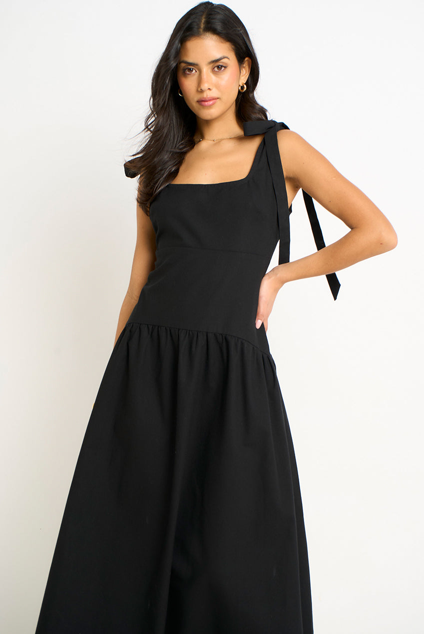 Black Linen Mix Drop Waist Midi Dress GL2041