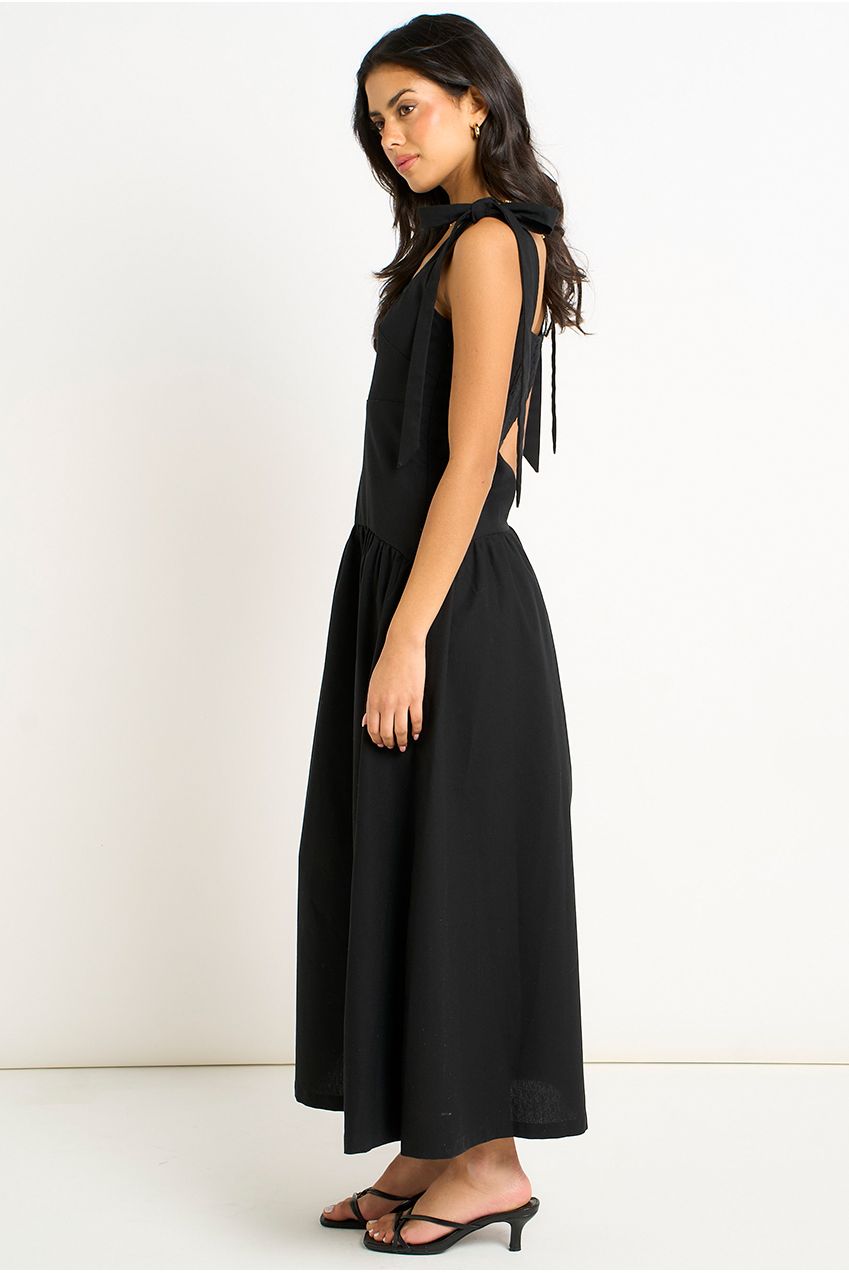 Black Linen Mix Drop Waist Midi Dress GL2041