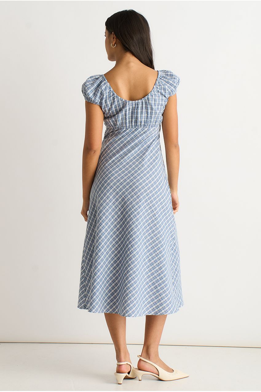Blue V Neck Textured Gingham Midi Dress GL2043