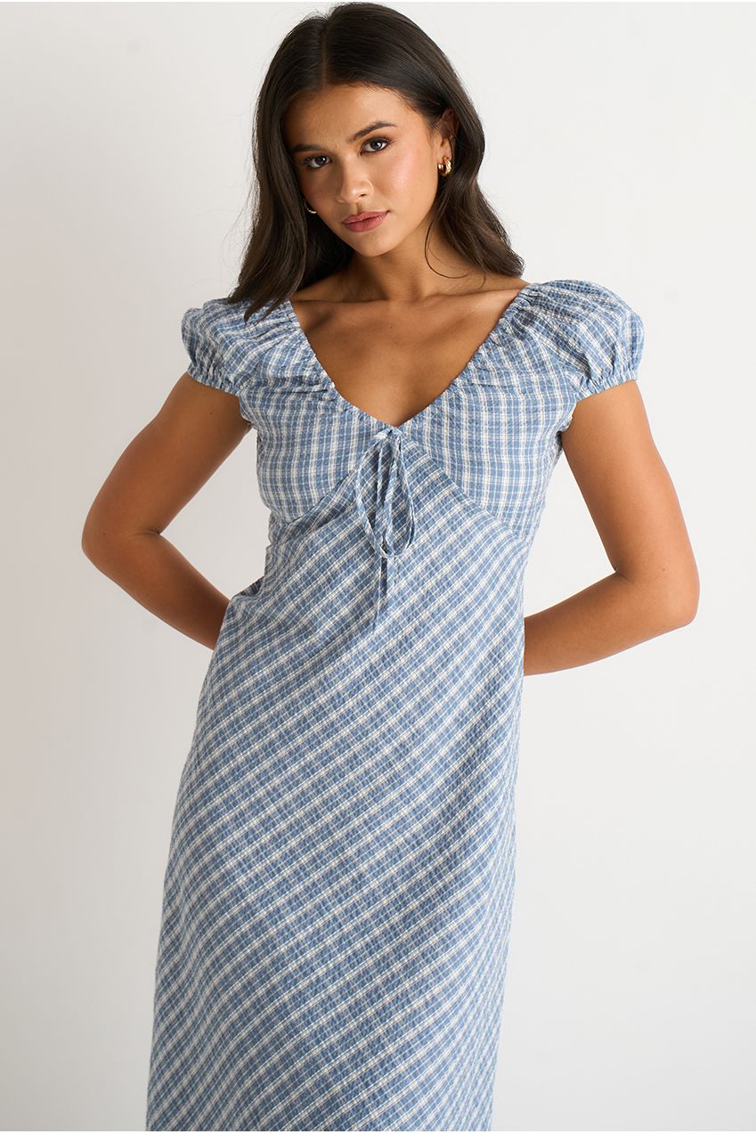 Blue V Neck Textured Gingham Midi Dress GL2043